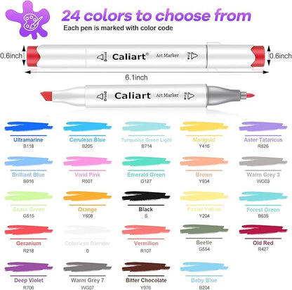 Caliart Alcohol Markers, 24 Colors Art Marker Set Fine & Chisel Dual Tip, Permanent Colored Pens for Adults Coloring Book Artists Illustration Sketch Lettering Drawing Cards Planner