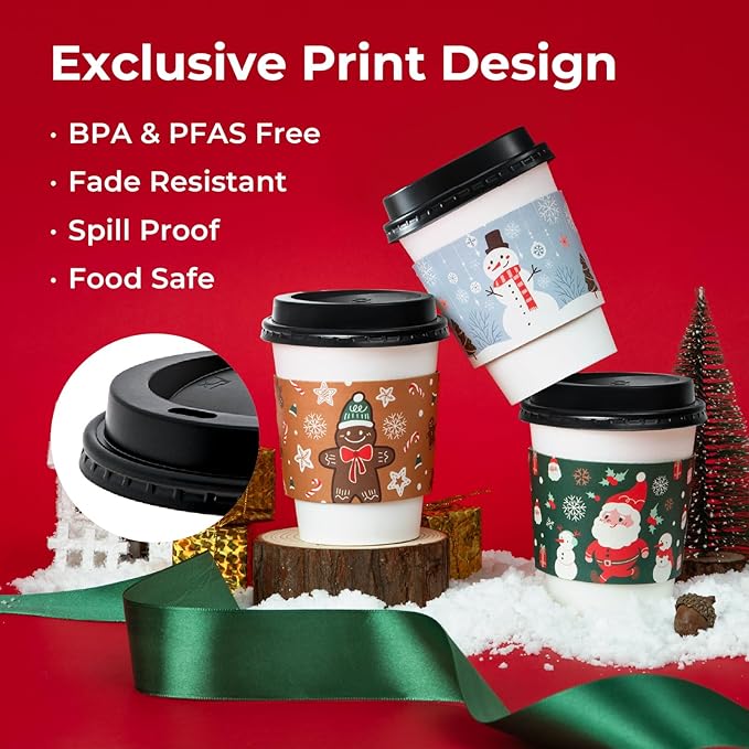 Fit Meal Prep 50 Pack 20 oz Christmas Coffee Cups with Lids Disposable, Sleeves, Leak-Proof To Go Coffee Cups with Lids, Durable Holiday Paper Cups