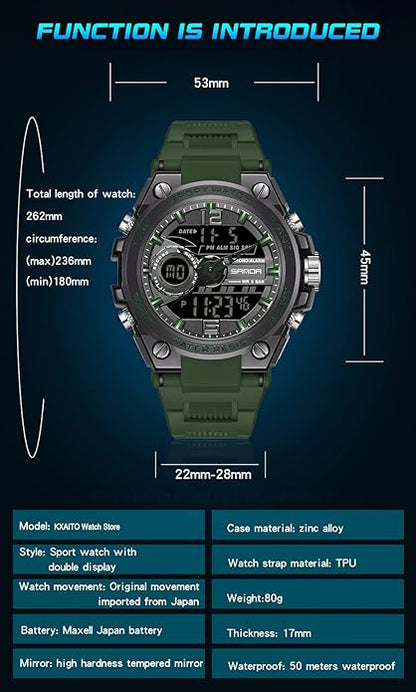 KXAITO Men's Watches Sports Outdoor Waterproof Military Watch Date Multi Function Tactics LED Alarm Stopwatch