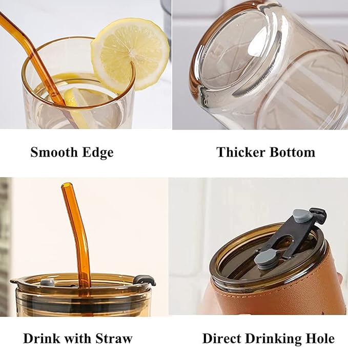 13 oz Tumbler Water Glass, Water Bottle with Straw and Dustproof Lid, Coffee Ice Cup Double Wall Insulated Glass Cup (Amber with Sleeve and Strap)
