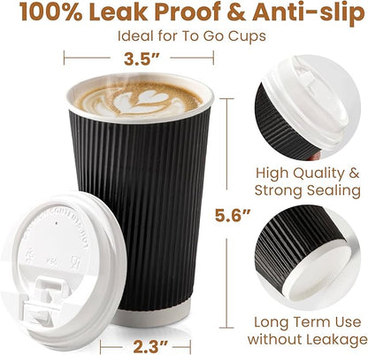 Fit Meal Prep 250 Pack 16 oz Black Disposable Coffee Cups with Lids & Stirrers, Corrugated Triple Wall To Go Hot Cups, Insulated Paper Coffee Cups for Hot Beverages, Travel, Home, Office (White Lids)
