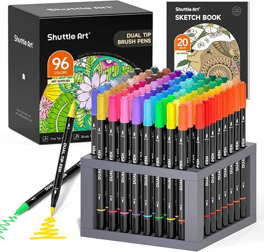 Shuttle Art Dual Tip Brush Pens, 96 Colours Fine and Brush Tip Markers Set with Pen Holder & 1 Colouring Book, Felt Tip Colouring Pens for Adults and Children Colouring Calligraphy Journal Doodling