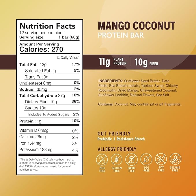 Amrita Nut Free Mango Coconut Vegan Protein Bars (12 Count PK of 3) | 11g Plant-Based Protein Bar | Peanut Free, Gluten Free, and Dairy Free | Low Sugar, High Fiber, Healthy School-Safe Snacks