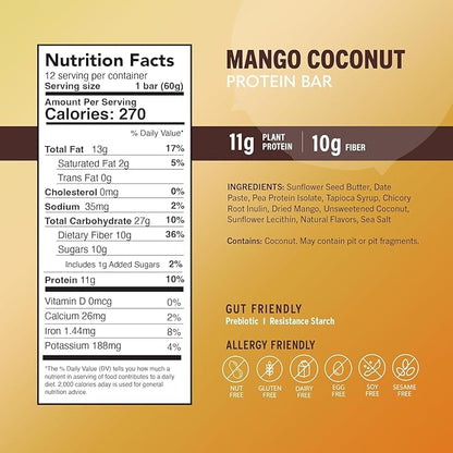 Amrita Nut Free Mango Coconut Vegan Protein Bars (12 Count PK of 3) | 11g Plant-Based Protein Bar | Peanut Free, Gluten Free, and Dairy Free | Low Sugar, High Fiber, Healthy School-Safe Snacks