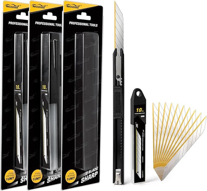 NEWISHTOOL 3 Pack Utility Knife Box Cutter Retractable, Titanium Coating Edge 9mm Wide Snap-Off Blades, Razor Knife Craft Knives with Extra Ti-Blades for Office, Cutting Paper, Film,Wrapping, Carboard