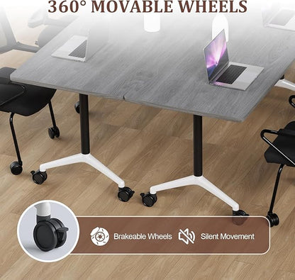 Folding Conference Table Modern Large Mobile Meeting Table Rolling Conference Room Tables with Wheels Seminar Tables for Office Training Classroom (6, Oak Grey, 63" D X 19.7" W X 29.5" H)