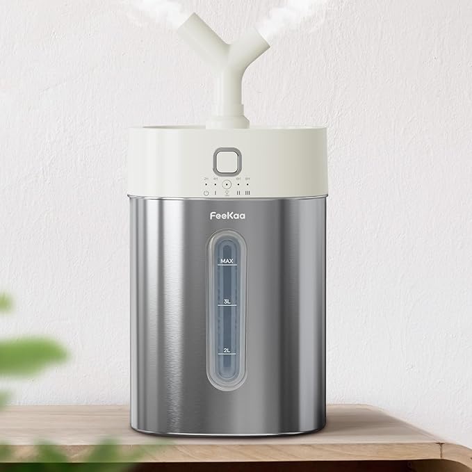 Feekaa Stainless Steel Humidifier, 4L/1Gal Cool Mist Humidifiers for Bedroom up to 500 sq ft, Easy Clean Dishwasher Safe Humidifier Large Room, Humidifiers for Bedroom Nursery Baby Living Room Office