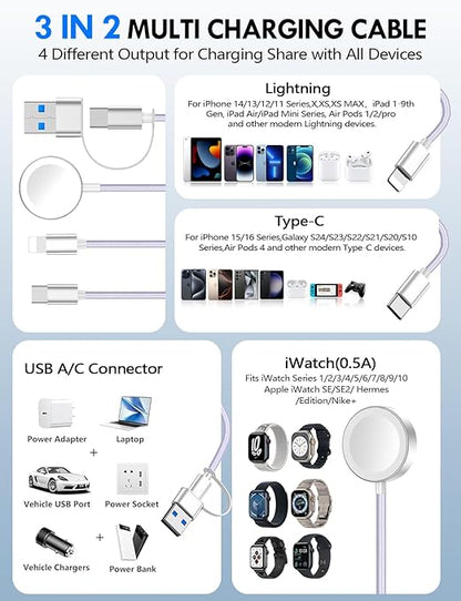 2Pack Multi Charging Cable Cord for Travel Essentials,Apple Watch Charger,iPhone Charger,[3-in-2] Type C/Lightning Cable Portable Designed for iWatch,iPhone 17-8,Galaxy S25-21,AirPods,iPad-1.5M Purple