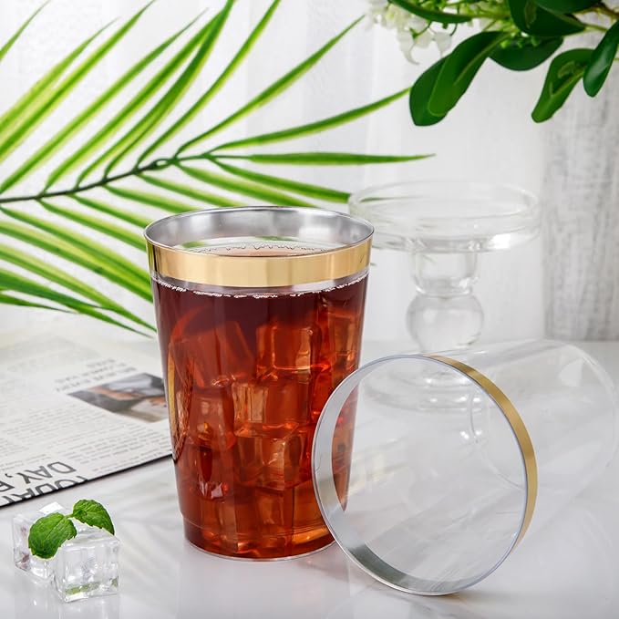 Nervure 120PCS Gold Plastic Cups - 10Oz Gold Rim Plastic Cups - Heavy Duty Disposable Cups - Clear Cup with Gold Rim for Weddings, Birthdays, Gatherings and Party