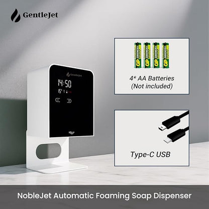 NobleJet Automatic Foaming Soap Dispenser Touchless - USB-C or Battery Powered, Aluminum Alloy Body, LED Display, Wall Mount or Countertop, Adjustable Automatic Soap Dispenser Touchless