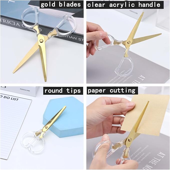 6 Inch Office Scissors Clear Acrylic Handles Gold Craft Scissor Semi-Circular Grip Fabric Shears Stainless Steel Sharp Blades Round Tips for Paper Thread (Gold)
