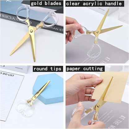 6 Inch Office Scissors Clear Acrylic Handles Gold Craft Scissor Semi-Circular Grip Fabric Shears Stainless Steel Sharp Blades Round Tips for Paper Thread (Gold)