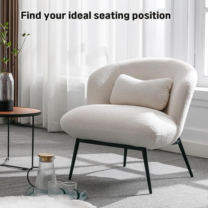 DUOMAY Modern Accent Chair, Sherpa Upholstered Leisure Boucle Single Sofa Lounge Chair with Lumbar Pillow Metal Legs Slipper Chair for Living Room Bedroom Office, White