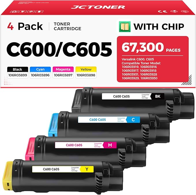 C600 C605 Toner Cartridges 4-Pack Compatible Replacement for VersaLink C600 C605 Color Multifunction Printer Copier Scanner 106R03919 106R03916 106R03917 106R03918 High-Yield Black Cyan Yellow Magenta