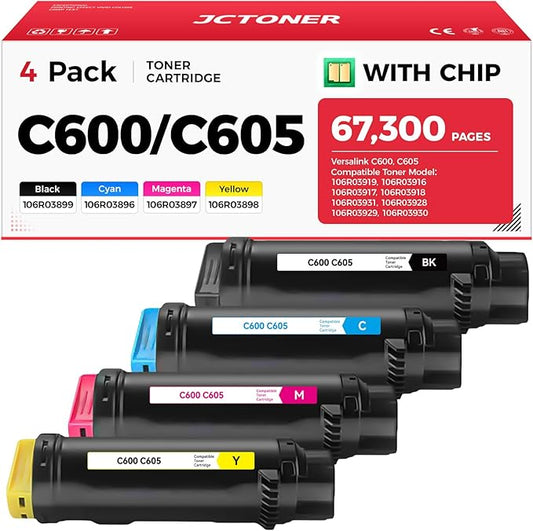 C600 C605 Toner Cartridges 4-Pack Compatible Replacement for VersaLink C600 C605 Color Multifunction Printer Copier Scanner 106R03919 106R03916 106R03917 106R03918 High-Yield Black Cyan Yellow Magenta
