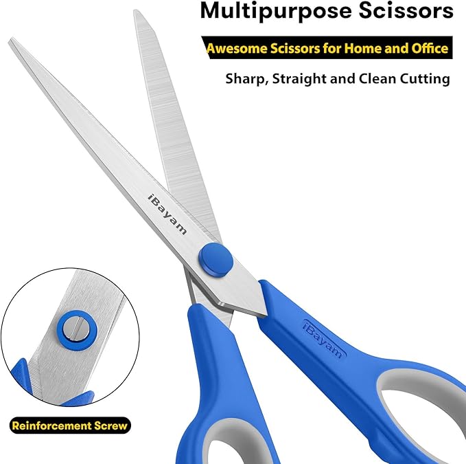 Scissors, iBayam 8" All Purpose Scissors Bulk 3-Pack, Ultra Sharp 2.5mm Thick Blade Shears Comfort-Grip for Office Desk Accessories Sewing Fabric Home Craft School Supplies, Right/Left Handed