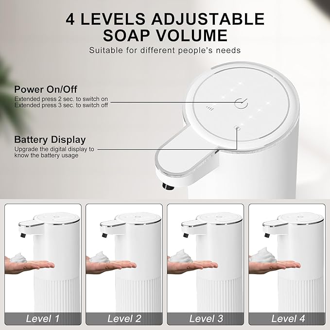 Automatic Foaming Soap Dispenser, 12.2oz/360ml Rechargeable Touchless Hand Soap Dispenser, 4 Level Adjustable with Display, Waterproof Wall Mounted Soap Dispenser for Bathroom Kitchen, White