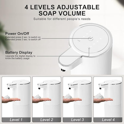 Automatic Foaming Soap Dispenser, 12.2oz/360ml Rechargeable Touchless Hand Soap Dispenser, 4 Level Adjustable with Display, Waterproof Wall Mounted Soap Dispenser for Bathroom Kitchen, White