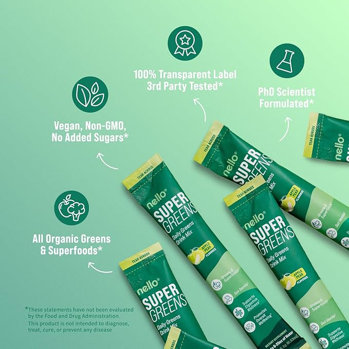 Nello Supergreens Superfood Drink Mix with Chlorella, Moringa, Spinach, Broccoli, Digestive Enzymes, and Probiotics – Apple Pear Flavor, 20 Servings, Travel Pack