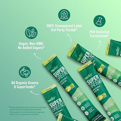 Nello Supergreens Superfood Drink Mix with Chlorella, Moringa, Spinach, Broccoli, Digestive Enzymes, and Probiotics – Apple Pear Flavor, 20 Servings, Travel Pack