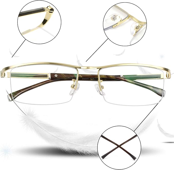 LifeArt Alloy Semi-Rimless Reading Glasses,Blue Light Blocking Glasses, Anti Eyestrain, Computer Gaming Glasses, TV Glasses for Men, Anti Glare (Golden, +0.25 Magnification)