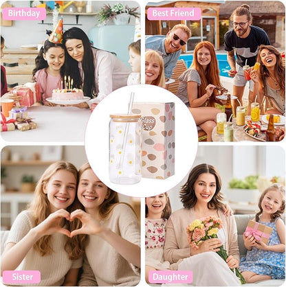 Cute Glass Cups with Lids and Straws, Daisy Flower Iced Coffee Smoothie Matcha Cup Tumbler Birthday Gifts for Women Sister Friend Her Preppy Teenage Girls Teen Girl Gifts Trendy Stuff Things