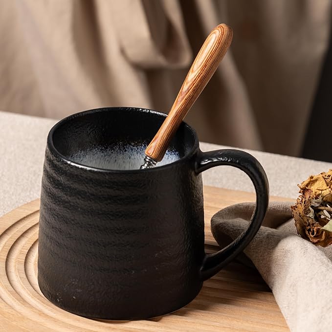 Ceramic Coffee mugs, 21 oz, Extra Large Mugs, Big Tea Cups, Large Handle, Pottery Mugs, Big Belly, Transmutation Glaze，Wide Bottom, stripe pattern, Microwave and Dishwasher Safe. (Black)