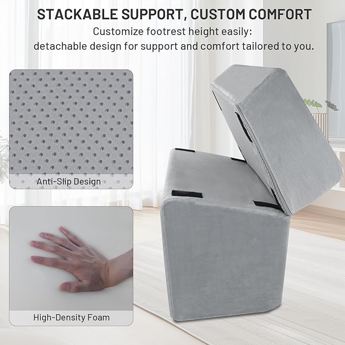 Ergonomic Under Desk Foot Rest & Stool for Work - 3D Adjustable Stackable Footrest w/Detachable Base, High-Density Support & Washable Cover for Office/Gaming/Travel (17×11×17in, Gray)