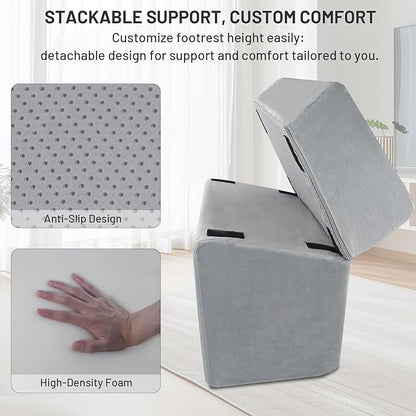 Ergonomic Under Desk Foot Rest & Stool for Work - 3D Adjustable Stackable Footrest w/Detachable Base, High-Density Support & Washable Cover for Office/Gaming/Travel (17×11×17in, Gray)