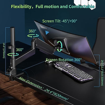 Monitor Arm for 17 to 60 inch, Hold 44 lbs, Fully Adjustable Heavy Duty Desk Mount, Monitor Stand Fit 57 55 49", Ultrawide Monitors Bracket Clamp/Grommet Base VESA 75x75/100x100, Black,H9B