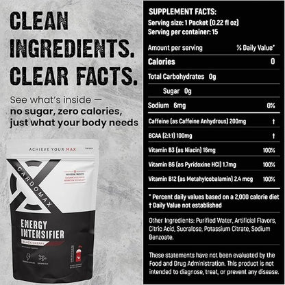 CardoMax - Energy Drink Packets - Liquid Preworkout for Men & Women Caffeine Packets with BCAA, Vitamin B12, Vitamin B6 & B3 - Sugar-Free, Zero Calorie, Vegan & Keto - 15 Stick Packs - Black Cherry