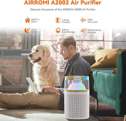 AIRROMI Air Purifiers for Bedroom Home,Up to 658 Ft²,Activated Carbon Filter Cleaner,With Fragrance Sponge for Better Sleep,Night Light,Pet Dander,Allergies,Smoke,Odor,Desktop Air Cleaner A2002Rainbow