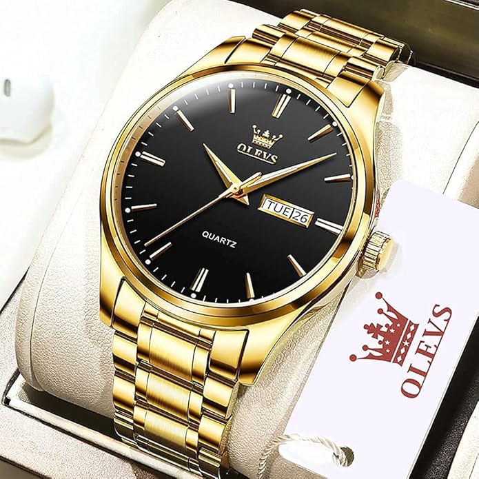 OLEVS Men's Luxury Watch Waterproof Luminous Easy Read Chronograph Watches Full Gold/White Dail/Black Face with Calendar Wristwatch