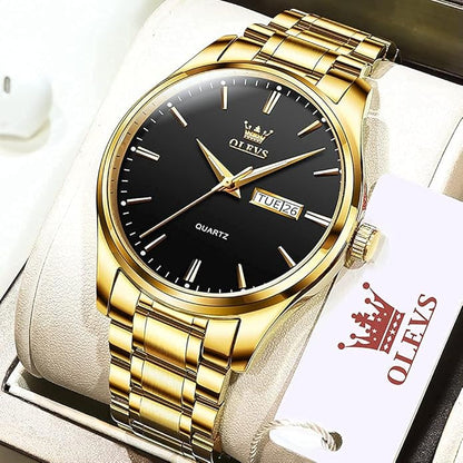 OLEVS Men's Luxury Watch Waterproof Luminous Easy Read Chronograph Watches Full Gold/White Dail/Black Face with Calendar Wristwatch