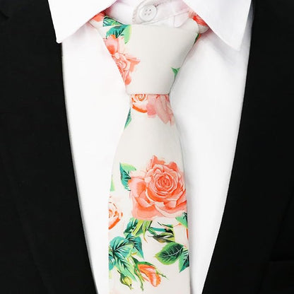 Cotton Floral Ties for Men 2.76" Men's Skinny Tie Linen Flower Printed Neck Tie for Wedding Dating Party