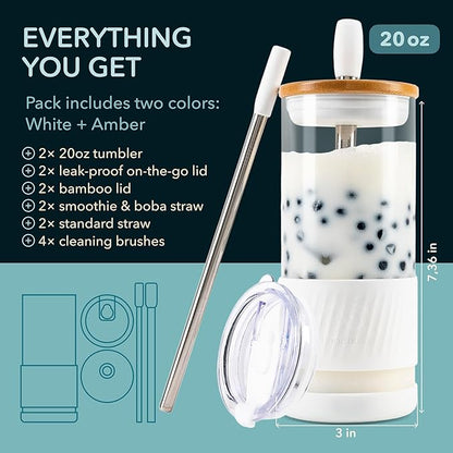 Pandaloo® Glass Cups With Lids and Straws -20 Fl Oz- Perfect Size Iced Coffee Cup - Smoothie Cup With Bamboo Lid and On the go Lid - Glass Tumbler (2 Count (Pack of 1), Amber Sand-Coton White)