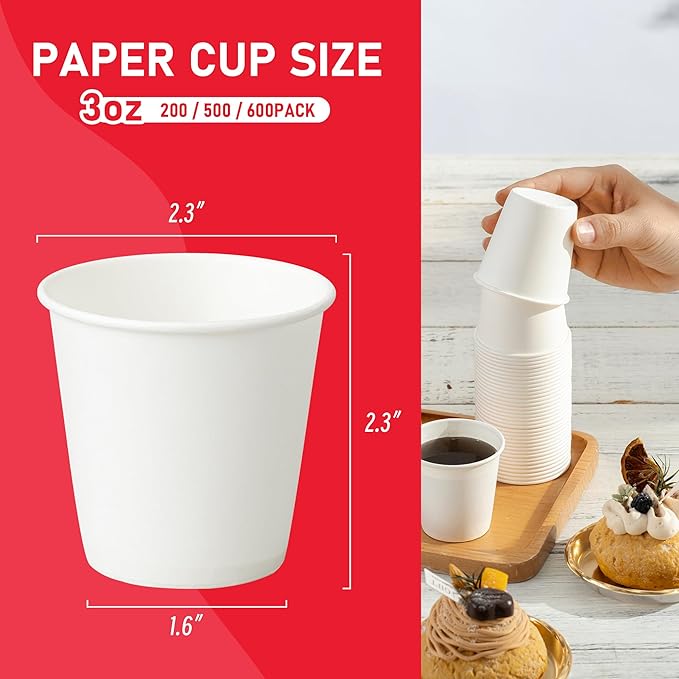 600 Pack 3 oz Disposable Paper Cups for Bathroom, Food-Safe Mouthwash Cups, Leak-Free Small Coffee Cup for Daily Use, Travel, and Camping