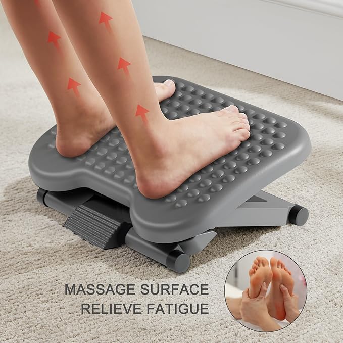 HUANUO Adjustable Desk Footrest, Foot Rest for Under Desk at Work with Massage, Adjustable Foot Stool with 3 Height Position & 30 Degree Tilt Angle Adjustment for Home, Office, Gray