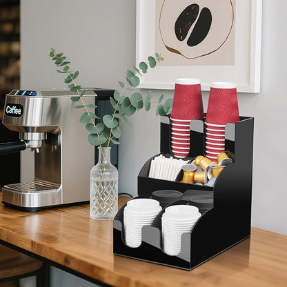 MYITYARD Coffee Station Organizer for Countertop, 3-Tier Coffee Bar Accessories, Acrylic Condiment and Cup Storage Organizer, 6 Compartments, Cup and Lid Holder for Pods, Syrup, Stirrer
