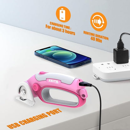 ZEITE 4V Cordless Electric Scissors Cardboard Cutter with 2 x Blades,1 x Storage Case,1 x USB Charging Cable,Rotary Cutter for Box Plastic Carpet Fabric, Easy to Hold and Safety,Pink