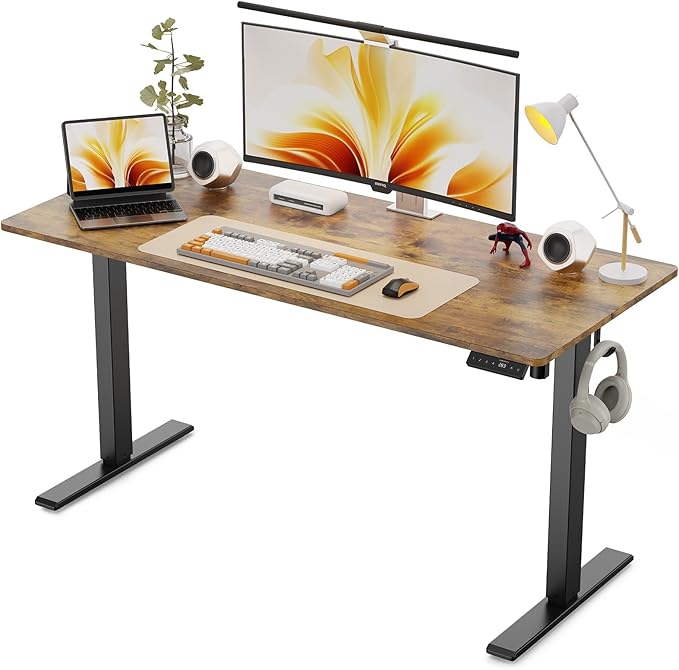 55x24 Inches Height Adjustable Electric Standing Desk with 2 Hooks for Home Office, Ergonomic Sit Stand up Desk with Splice Board, Rustic Brown