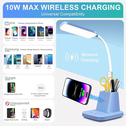 Sailstar Small Desk Lamp, Blue Desk Lamp with Pen Holder, Wireless Charger LED Desk Lamps for Home Office, 800LM Flexible Arm 3 Modes Dimmable Touch Cute Desk Lamps, Study Lamps for College Dorm Room