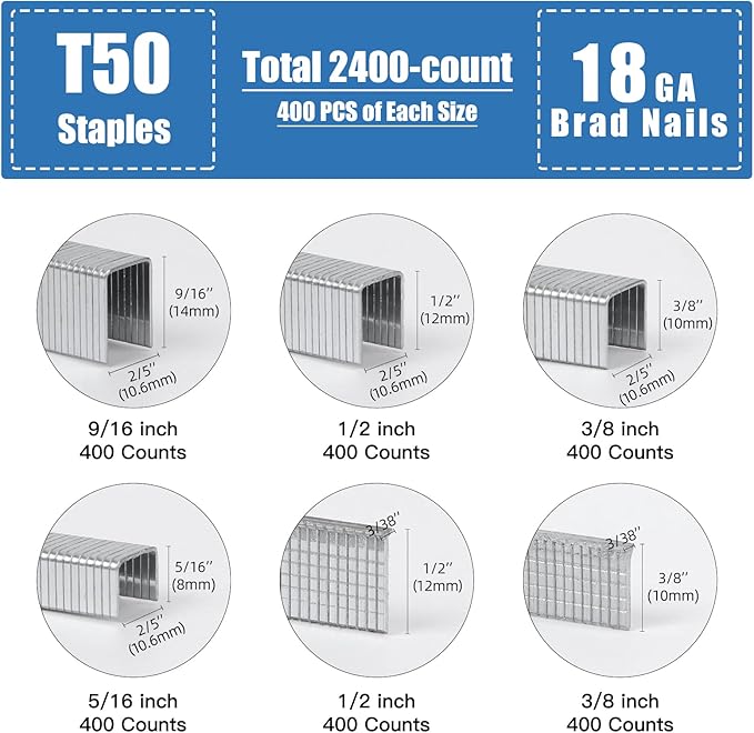 Heavy Duty T50 Staples and 18GA Brad Nails, 2400-Count 6 Sizes Includes: 5/16", 3/8", 1/2", 9/16" T50 Staples and 3/8", 1/2" Brad Nails Assorted, Galvanized