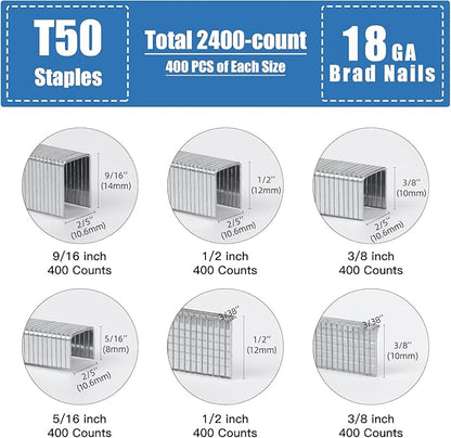 Heavy Duty T50 Staples and 18GA Brad Nails, 2400-Count 6 Sizes Includes: 5/16", 3/8", 1/2", 9/16" T50 Staples and 3/8", 1/2" Brad Nails Assorted, Galvanized