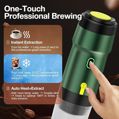 LumoShine Portable Electric Espresso Machine,Travel Coffee Maker for Camping,Car Coffee Maker Self-Heating with USB-DC, Compatible with Ground Coffee & Capsule for Hiking,Office,RV - Green