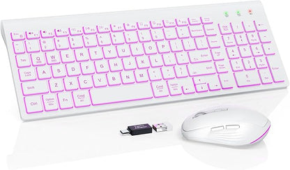 SABLUTE Wireless Keyboard and Mouse Combo Backlit - Compact Quiet Keyboard with RGB Mouse, Rechargeable, Slim, Sleep Mode, Portable Cordless Keyboard Mouse Set for Mac, Windows, Laptop (Polar White)