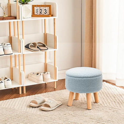Poofzy Small Ottoman with Storage, Small Foot Stool Ottoman with Wood Legs, Sherpa Foot Rest for Couch, Living Room and Bedroom - Light Blue