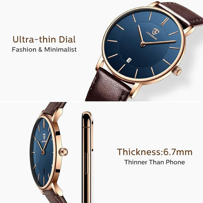 L LAVAREDO Watch for Men, Extremely Thin Mens Watches Minimalist Analog Men's Leather Wrist Watches with Time/Date, Birthday Gift for Men Boyfriend