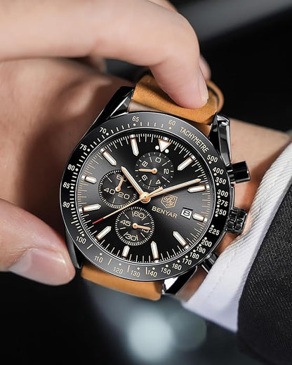 BY BENYAR Watch for Men Analog Quartz Chronograph Waterproof Luminous Designer Mens Wrist Watches Business Work Sport Casual Dress Watch with Silicone Strap Elegant Gifts for Men