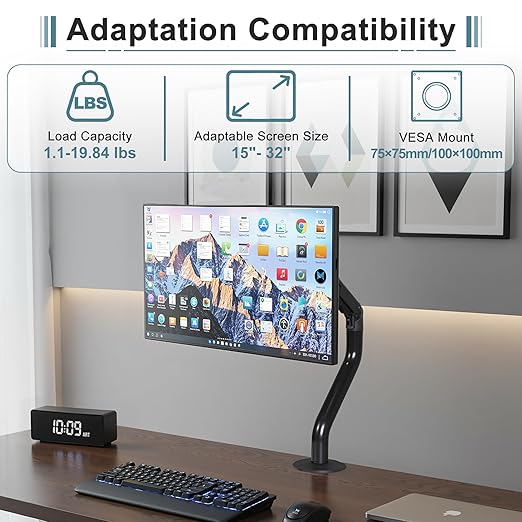 Okak Monitor Stand for Desk Single Monitor Arm Mount Computer for VESA Mounting Holes 75 and 100mm, 15 to 27 Inch Screens Stand Up to 26.4lbs, Office Desk Accessories, Black, Two Pack